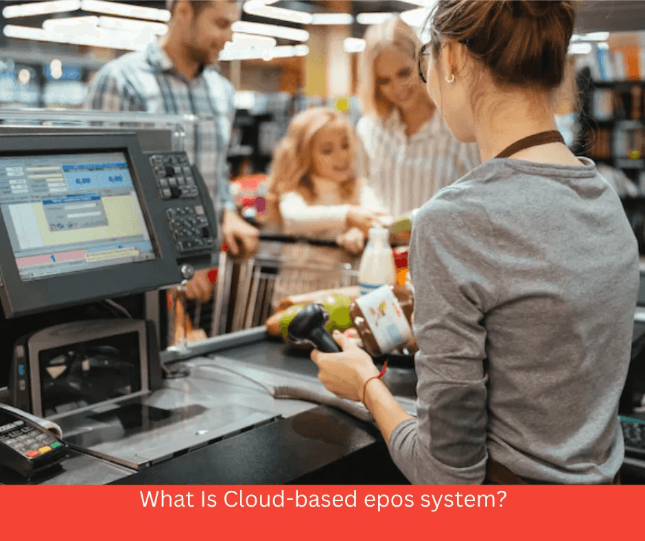 Modern supermarket checkout with digital POS—cloud EPOS at the point of sale.